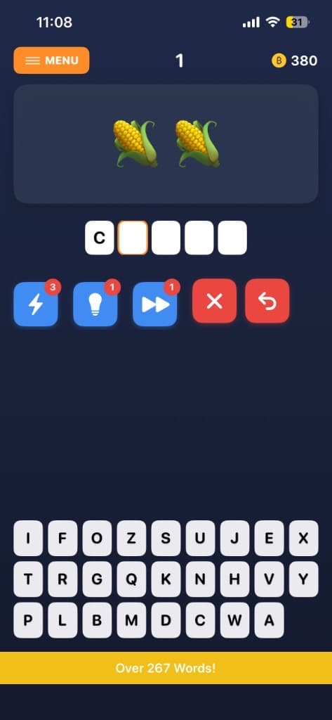 Word guess puzzle with emoji clue and letter keyboard on iPhone