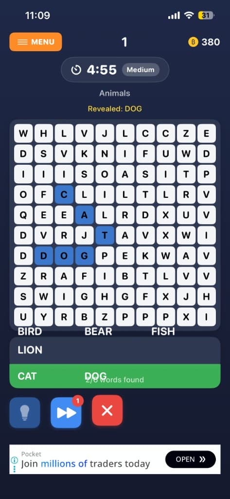 Word search progress with CAT and DOG found on the grid