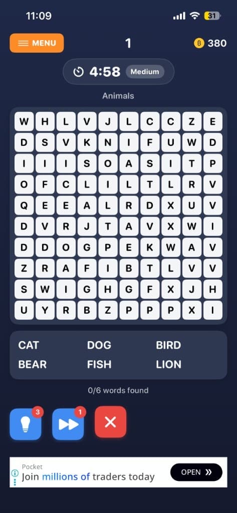 Word search Animals puzzle with letter grid and word list on iPhone