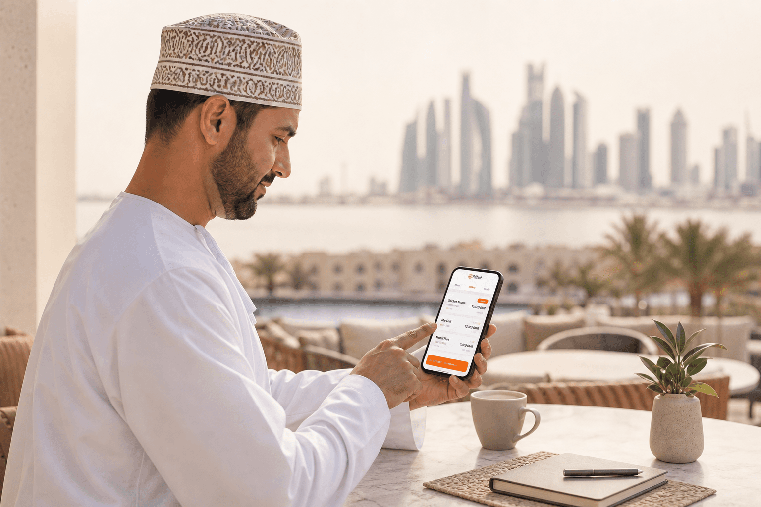 Restaurant owner using a food ordering app on a smartphone in Doha, Qatar